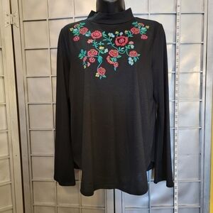 Loft size small long sleeve black with red floral top. Boho